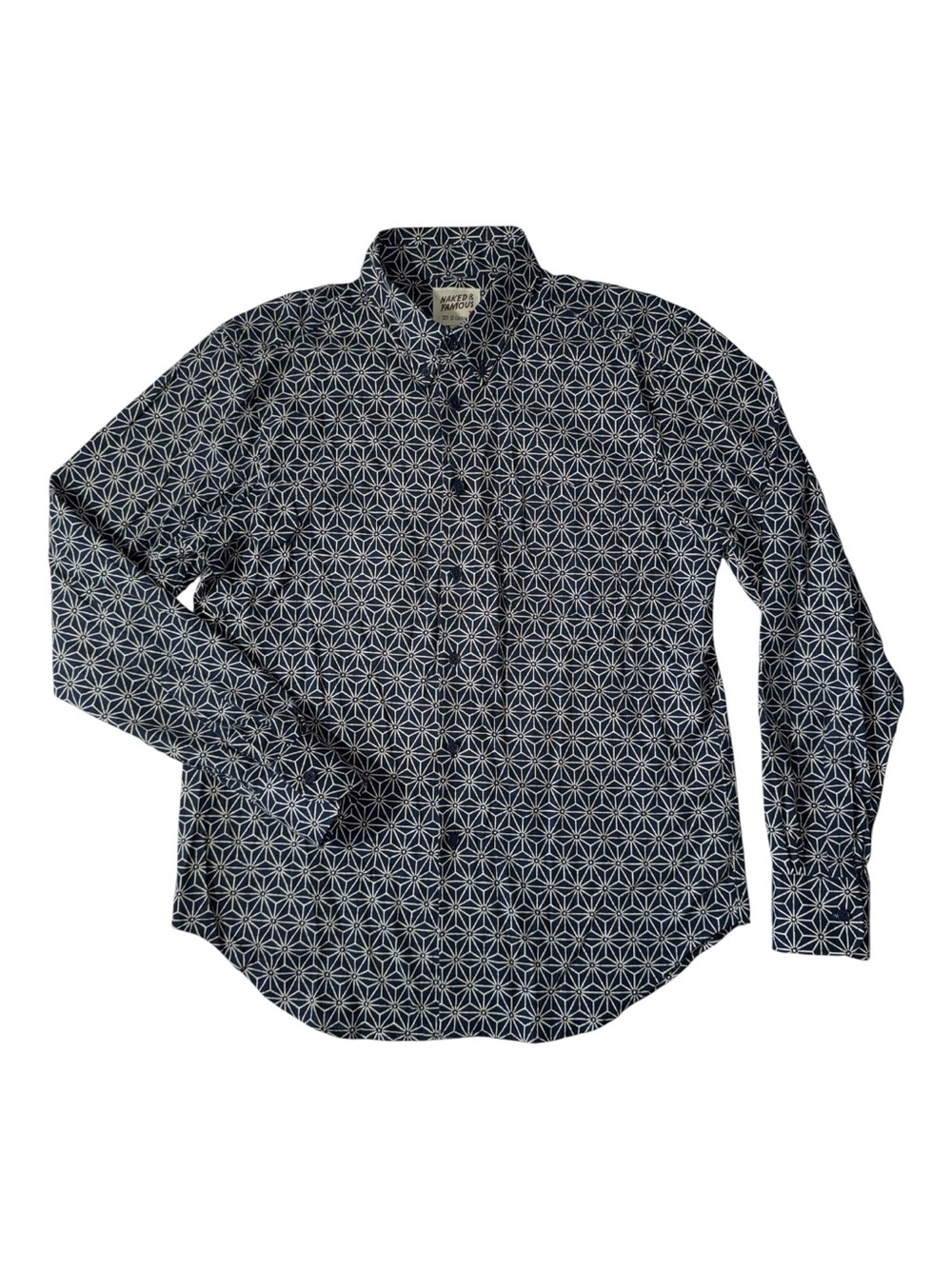 Naked & Famous mens L Large blue geometric oxford button up casual shirt EUC